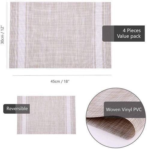 BIOINLIVING Placemats Set of 4 for Dining Table Washable Square Vinyl Placemat Non-Slip Heat Resistant Kitchen Striped Table Mats Easy to Clean 18 x 12 Inch, Beige