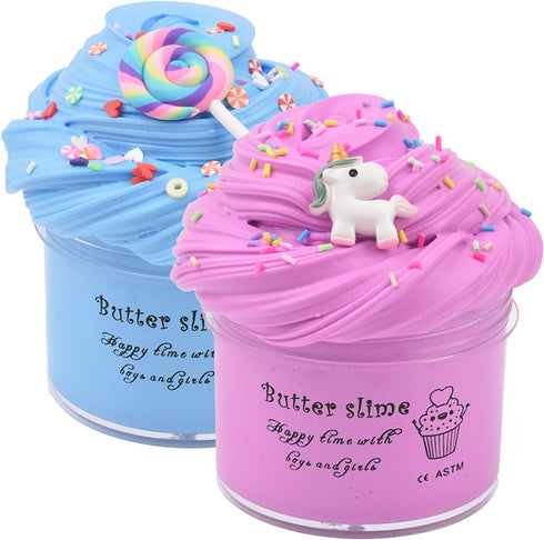 2 Pack Butter Slime Pink Purple Colors Blue Candy Slime with Slices, Birthday Gift Cotton Mud Premade Slime Kit Scented DIY Sludge Toys Gift for Girl Boy, 2 Pack(100ML Each *2)