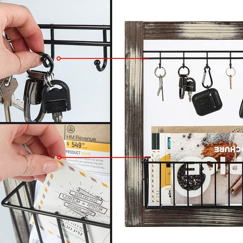 J JACKCUBE DESIGN Wall Mounted Rustic Wood Mail and Key Holder, Entryway Mail Storage Floating Organizer with 5 Key Hooks for Hallway Front Door Living Room Garage Office - MK641A