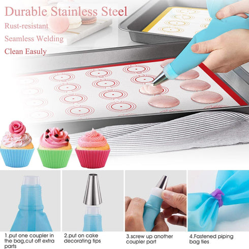 Silicone Baking Mat Macaron Baking Kit, Macaroon Baking Mat Set of 2 Half Sheet Nonstick Baking Mats, 6 Piping Tip, 2 Piping Bag and 2 Tie - Reusable Nonstick Liners for Baking Pans(16.5"x11.6")