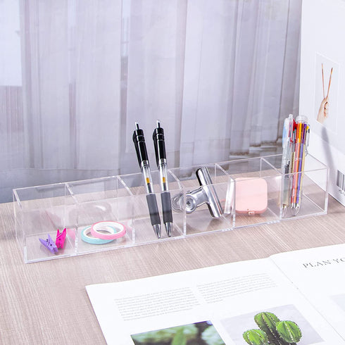 Clear Drawer Organizer, Dedoot 6 Compartments Acrylic Organizer Durable Plastic Square Cube Storage Bin for Makeup, Jewelry, Pen, Small Items, 15x2.5x2.6inches