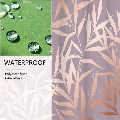 Pink Shower Curtain Rose Gold Tropical Leaves on Purple Background Modern Luxury Bathroom Shower Curtains Fabric Waterproof with Hooks, 72" x 72"