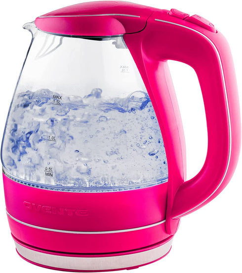 Ovente Electric Kettle Hot Water Boiler 1.5 Liter BPA Free Borosilicate Glass Fast Boiling Countertop Heater with Automatic Shut Off & Boil Dry Protection for Tea Coffee Milk Noodle, Pink KG83F