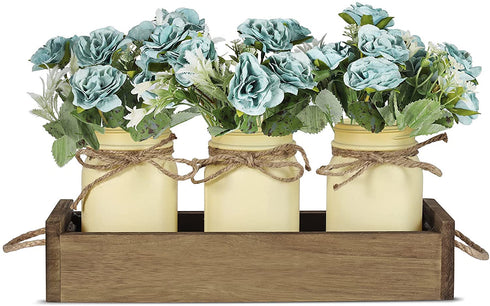 Floral Arrangements Artificial Centerpieces, Table Centerpieces for Dining Room, Mason Jar Decorative Wood Tray with Fake Rose Bouquet Flowers Farmhouse Decor for Living Room Kitchen Table - Aqua