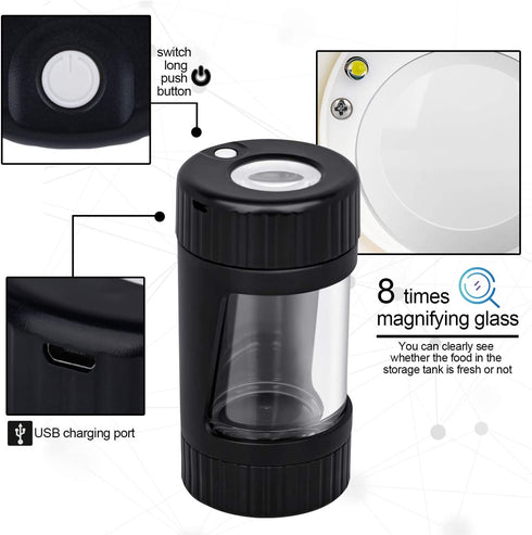 Gohfeoeo Light-Up LED Transparent Glass Seal Storage Jar with Grinder and 8x Magnifying Viewing Jar, Storage Jar and Grinding In One (Black)