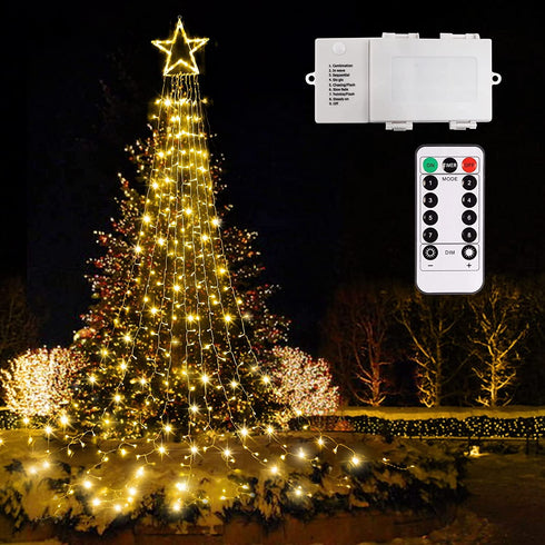 344 LED Star String Lights Fairy Christmas - Waterfall 13ft 3 x Large D Battery Operated Outdoor & Indoor Waterproof 8 Modes & Timer Remote for Christmas Tree Topper, Holiday Decorations (Warm White)