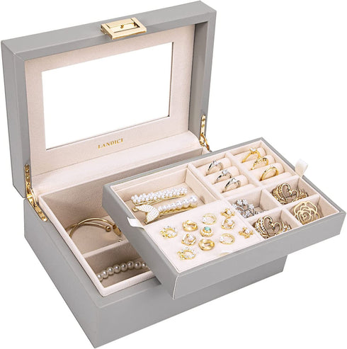 LANDICI Jewelry Box Organizer for Women Teen Girls, Large Jewelry Storage Case with Mirror and 2 Layer Removable Tray, Leather Jewellery Display Holder for Ring Necklace Earring Bracelets, Grey
