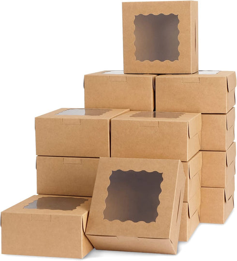 Moretoes 48pcs Brown Bakery Boxes with Window Cookie Boxes 6x6x3 Inches Small Cake Box Kraft Paper Treat Boxes for Cookies, Pastry, Cupcakes, Pie, Donuts
