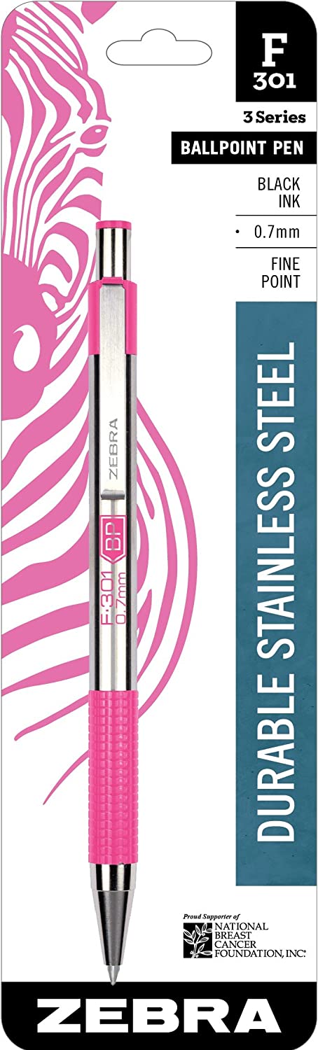 Zebra Pen F-301 Retractable Ballpoint Pen, Stainless Steel Barrel with BCA Pink Accents, Fine Point, 0.7mm, Black Ink, 1-Pack