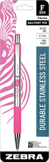 Zebra Pen F-301 Retractable Ballpoint Pen, Stainless Steel Barrel with BCA Pink Accents, Fine Point, 0.7mm, Black Ink, 1-Pack