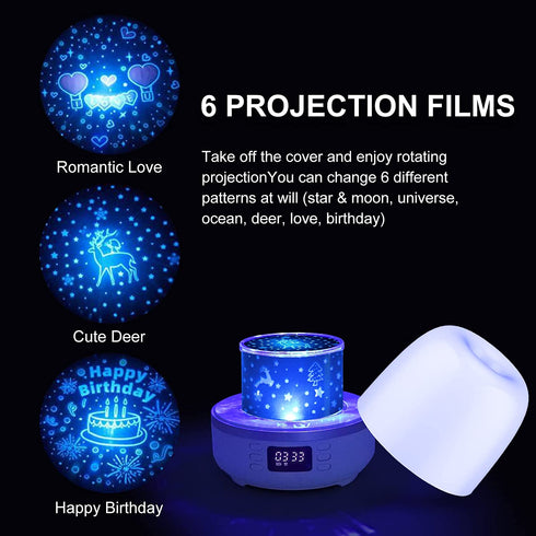 Pofeite Star Projector Galaxy Night Light for Bedroom Ceiling Bluetooth Speaker Alarm Clock FM Radio 360 Degree Rotation with 6 Films Dimmable Warm Light&7 Color Changing Gift Girl Boy Women