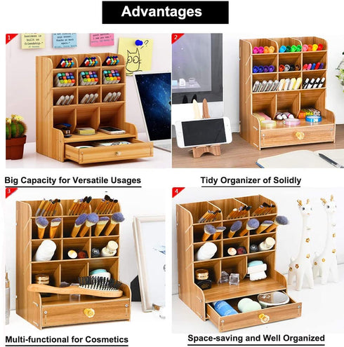 Marbrasse Wooden Pen Organizer, Multi-Functional DIY Pen Holder Box, Desktop Stationary, Easy Assembly, Home Office Art Supplies Organizer Storage with Drawer (B11-Cherry Color)