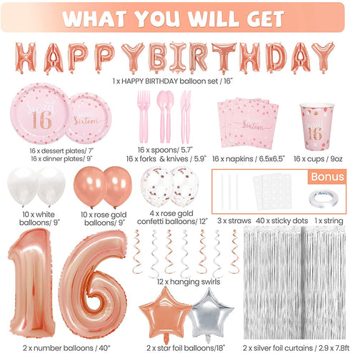 Decorlife 155PCS Sweet 16 Birthday Decorations for Girls, Rose Gold Sweet 16 Birthday Party Supplies Serves 16, Complete Pack Includes Tableware, 40Inch Balloons, Fringe Curtains, Banner