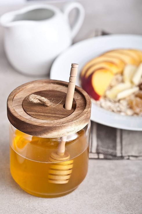 Dstuff Honey Jar Pot Glass Holder Dispenser with Wooden Dipper and Acacia Lid Cover for Home Kitchen, Clear, 9 Ounces, Honey Container for Storage
