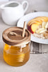 Honey Jar Pot Glass Holder Dispenser Set with Wooden Dipper Stick and Acacia Lid Cover for Home Kitchen, Clear, 14 Ounces, Modern Honey Syrup Glass Container for Storage Gift, Honey Pot and Drizzler