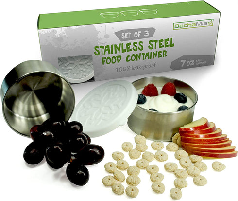 Stainless Steel Food Storage Containers - Dips Condiment Containers - Set of 3 - 7oz - Eco Friendly Lunch Containers - Silicone Lids - Portion Control - Reusable