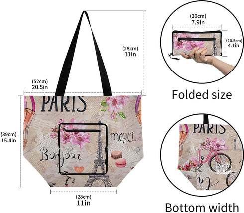 ALAZA Eiffel Tower Pink Flowers Bicycl French Paris Reusable Handle Grocery Tote Bag Foldable