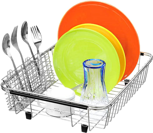 iPEGTOP Expandable Dish Drying Rack with Rustproof Stainless Steel Utensil Cutlery Holder, Over Sink Dish Rack Basket Shelf, Dish Drainer in Sink or On Counter