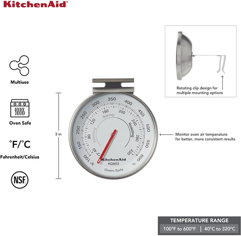KitchenAid KQ903 3-in Dial Oven/Appliance Thermometer, TEMPERATURE RANGE: 100F to 600F, Stainless Steel