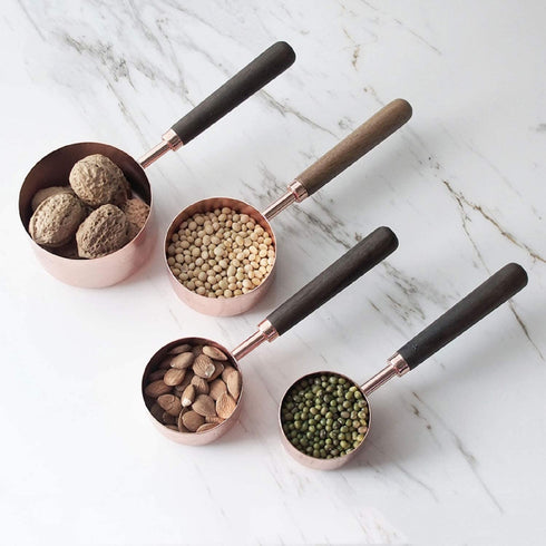 Measuring Cups Set, TeenGo Stainless Steel Copper Measuring Cups Set for Dry, Liquid Ingredients with Wooden Handle Used for Cooking & Baking