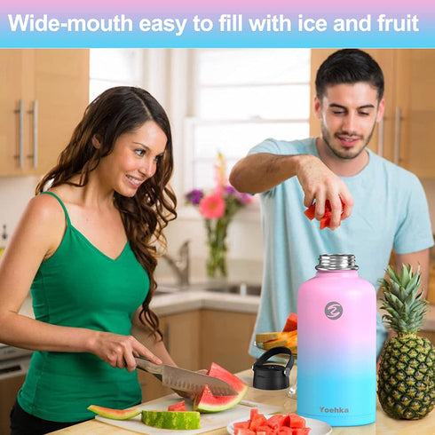 64 OZ Insulated Water Bottle with Straw & 3 Lids, Yoehka Vacuum Stainless Steel Thermos Mug, Double Wall Sweat-proof Sports Water Bottle to Keep Water Hot/Cold, with Cleaning Brush (Fantasy)