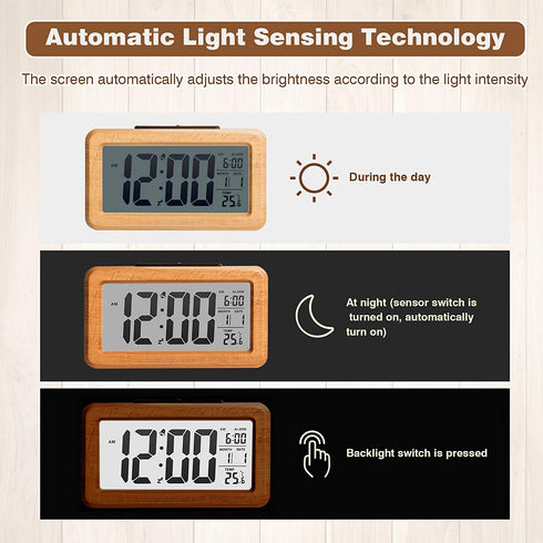 Wooden Digital Alarm Clock, Large LED Display, 12/24 Hours Display,Smart Sensor Night Light,Date,Snooze and Temperature, Battery Operated,Bedside Alarm Clock for Bedroom, Desk Alarm Clock for Office