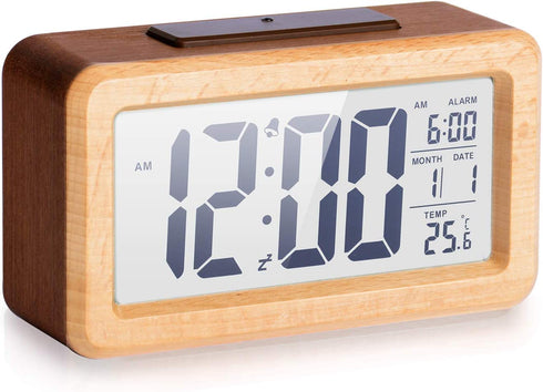 Wooden Digital Alarm Clock, Large LED Display, 12/24 Hours Display,Smart Sensor Night Light,Date,Snooze and Temperature, Battery Operated,Bedside Alarm Clock for Bedroom, Desk Alarm Clock for Office