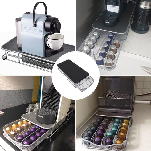 Coffee Pods Holder Storage Drawer for Nespresso Capsules, 40 Coffee Capsule Organizer Stand, Metal Storage Coffee Machine Base