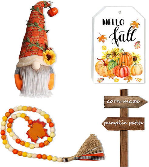 Fall Decor - Fall Tiered Tray Decor - Fall Plush Gnome - Fall Wood Bead Garland - Happy Fall Wooden Sign - Pumpkin Spice Corn Maze Sign - Rustic Farmhouse Home Autumn Thanksgiving Harvest Decor