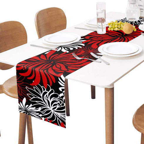 Floral Table Runner-Red Black White Cotton linen-Long 90 inche Dresser Scarves,Flower Tablerunner for Kitchen Coffee/Dining Table Bedroom Home Living Room,Scarf Decor for Summer Spring Holiday Dinner