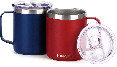 SUNWILL 14 oz Coffee Mug Set, Vacuum Insulated Camping Mug with Lid, Double Wall Stainless Steel Travel Tumbler, Coffee Cup Outdoor, Powder Coated Navy Blue & Wine Red 2 Pack