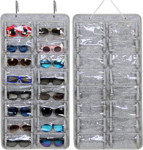 Casaphoria Sunglasses Organizer Storage, Hanging Dust Proof Wall Pocket Glasses Organizer - 16 Felt Slots Sunglass Organizer Holder with Metal Hook and Sturdy Rope (Gray, Dust Proof)