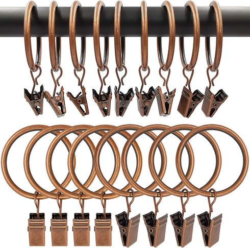 AMZSEVEN 100 PCS Metal Curtain Rings with Clips, Decorative Window Curtain Hangers Drapery Ring with Hooks Clip, 1.5 Inch Interior Diameter Eyelets, Antique Copper