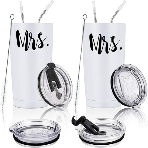 Cpskup Mrs and Mrs Travel Tumbler Set, Lesbian Couple Gifts for Women, Engagement Wedding Valentine™s Day LGBT Gifts for Girlfriend Wife Fiancée, 20 Oz Stainless Steel Travel Tumbler with Lids, White