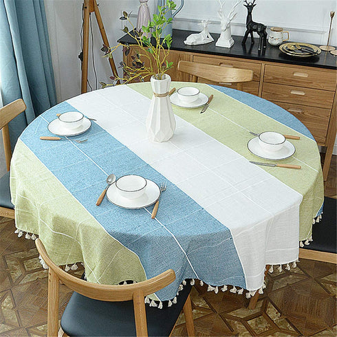 Round Tassel Plaid Tablecloth, Heavy Weight Cotton Linen Fabric Table Cover for Kitchen Dining Tabletop Decoration, Blue & Green, 48" Round