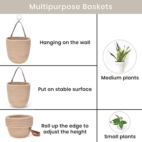 JS HOME 2 Pack Jute Hanging Baskets with Leather Handle, Decorative Wall Basket for Plants and Flowers, Small Woven Fern Wall Hanging Basket, Hanging Baskets for Organizing, Jute, 8" x 7''