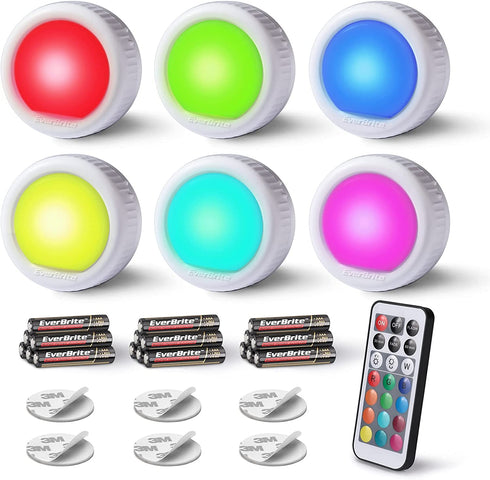 EverBrite Tap Light, Push Light, LED Puck Lights with 12 RGB Colors, Wireless Touch Light Under Cabinet, 80 Lumens Night Light for Closet, Bedroom, Wall, Classroom, 18 AAA Batteries Included, 6-Pack