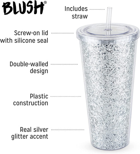 Blush Glam Silver Double Walled Glitter 24oz Tumbler Reusable Leak-Proof, Travel, Clear Plastic, Slim, Iced Coffee Cup with Silicone Seal, Screw-On-Lid, and Straw, 1 Count (Pack of 1)
