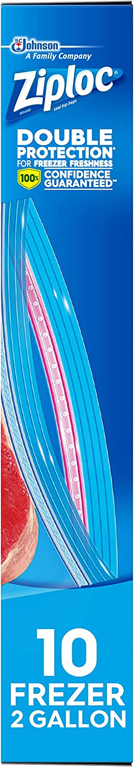 Ziploc Two Gallon Food Storage Freezer Bags, Grip 'n Seal Technology for Easier Grip, Open, and Close, 10 Count