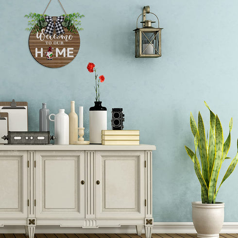 Gnome Wooden Seasonal Welcome Door Sign Interchangeable Welcome to Our Home Round Wood Hanging Front Door Sign with Burlap Bow with 12 Seasonal Ornament for Independence Day Holiday Porch (Brown)