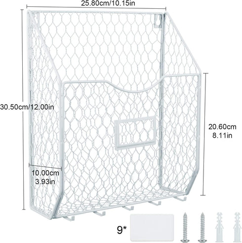 Superbpag Wall File Holder Hanging Folder Document Organizer Metal Chicken Wire Wall Mount Magazine Rack Mail Sorter for Home Office and Entryway, White