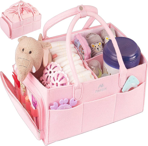 Diaper Caddy Organizer, Baby Basket Nursery Storage Bin with Dustproof Cover for Changing Table, Large Portable Car Organizer for Wipes, Bottle, Diapers, Shower, Newborn Girl & Boy Gifts, Pink