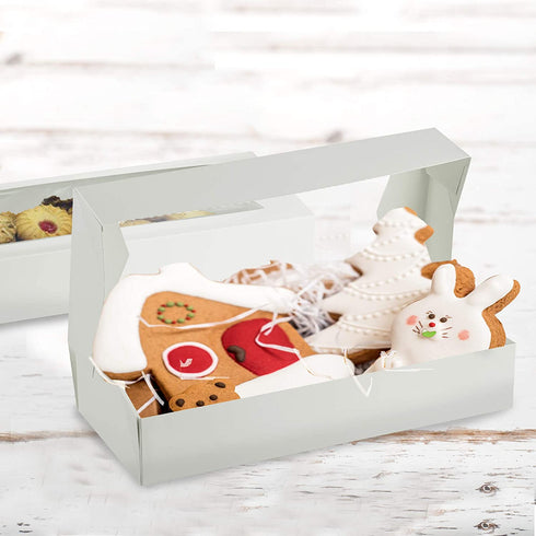 Beautiful White Paperboard Auto-Popup Bakery Box 12.5" Length x 5.5" Width x 2.25" Height Clear Window for Product Visibility by MT Products (Pack of 15)