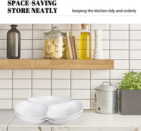 AQUIVER 9 inch Matte Ceramic Divided Serving Platter & Tray - 3 Compartment White Serving Plates for Candy, Nuts, Fruit, Veggies, Appetizers, Set of 2