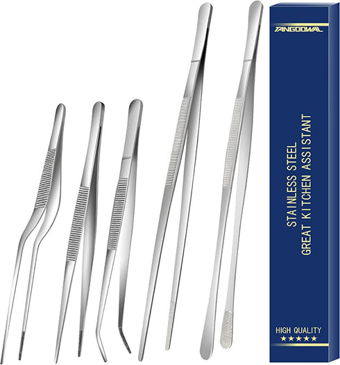 5 Pcs Kitchen Fine Tweezer Tongs, Stainless Steel Food Tweezers Set, Professional Kitchen Long Tweezer for Cooking,Repairing,Sea food,BBQ,Multi-use(12"and 6.3")