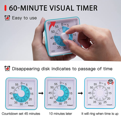 Yunbaoit Visual Analog Timer,Silent Countdown Clock, Time Management Tool for Kids and Adults (Blue)