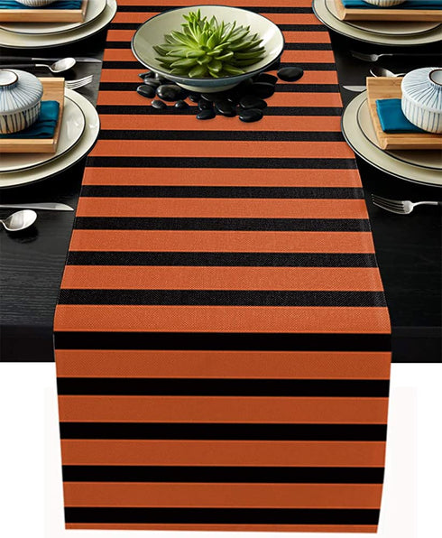 Orange and Black Stripes Cotton and Linen Table Runners 18x72in, Table Cover Dresser Ethnic Halloween Washable Table Decor for Kitchen Party Wedding Gathering