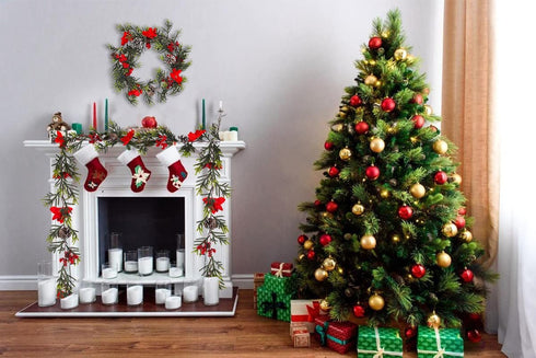 RECUTMS Christmas Garland with Lights Pine Cone Garland Lights Xmas LED Garland for Home Fireplace Mantel Holiday Party Decorations ?Red Flower?