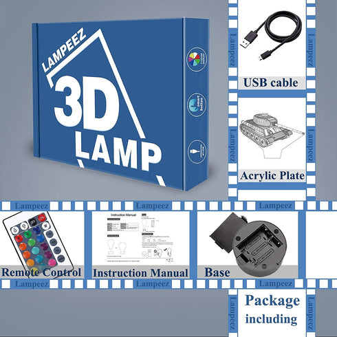 Lampeez Kids Army Tank 3D Night Light Optical Military Vehicles Illusion Lamp with 16 Colors Remote Control Changing Birthday Gift Idea Military Fan