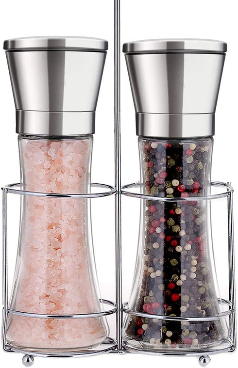 Professional Stainless Steel Salt and Pepper Grinder Set with Stand Manual Spice Adjustable Coarseness with Five Grinding Level Pepper Mill Grinders Shakers Gift Set with Silicone Funnel (Pack of 2)